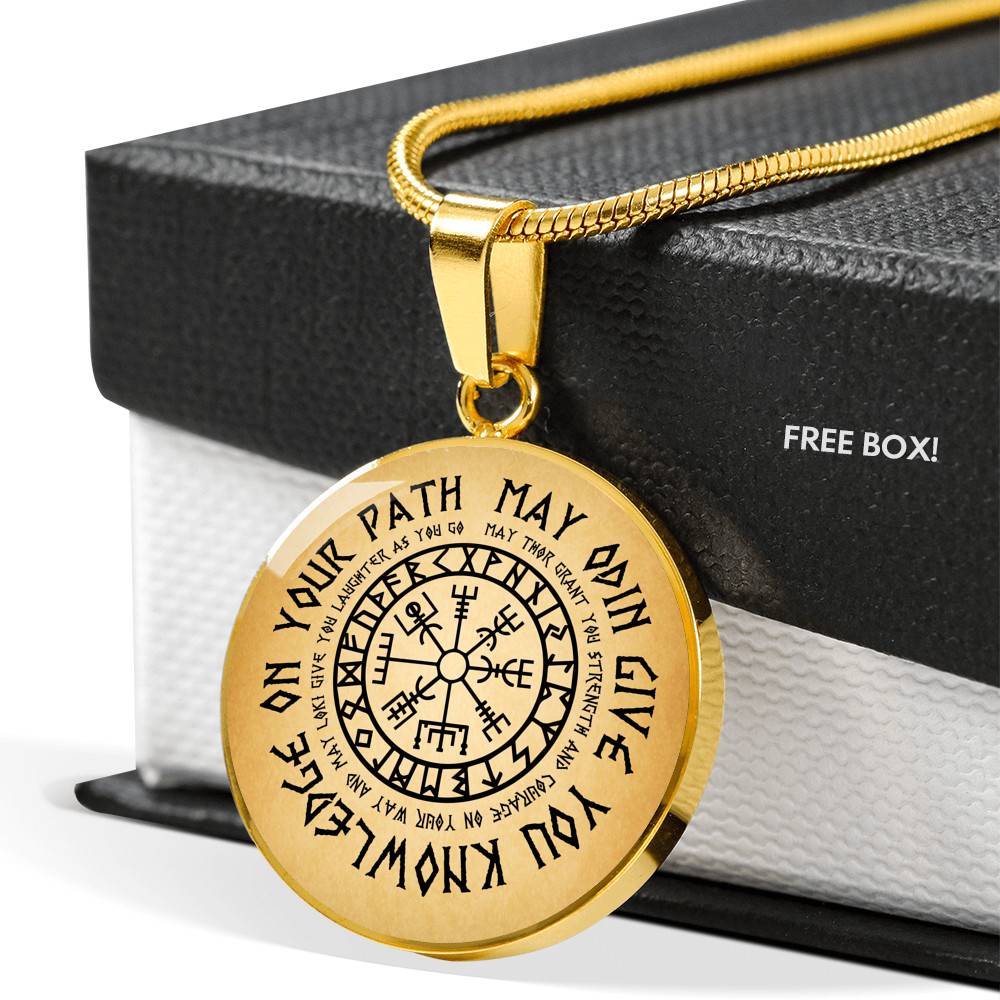 Nordic Vikings May Odin Give You Knowledge On Your Path Circle Pendant Necklace - Norse Mens Necklace Jewelry - Circle Luxury Necklace (Gold Plated)