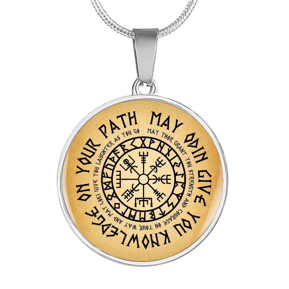 Nordic Vikings May Odin Give You Knowledge On Your Path Circle Pendant Necklace - Norse Mens Necklace Jewelry - Circle Luxury Necklace (Silver)
