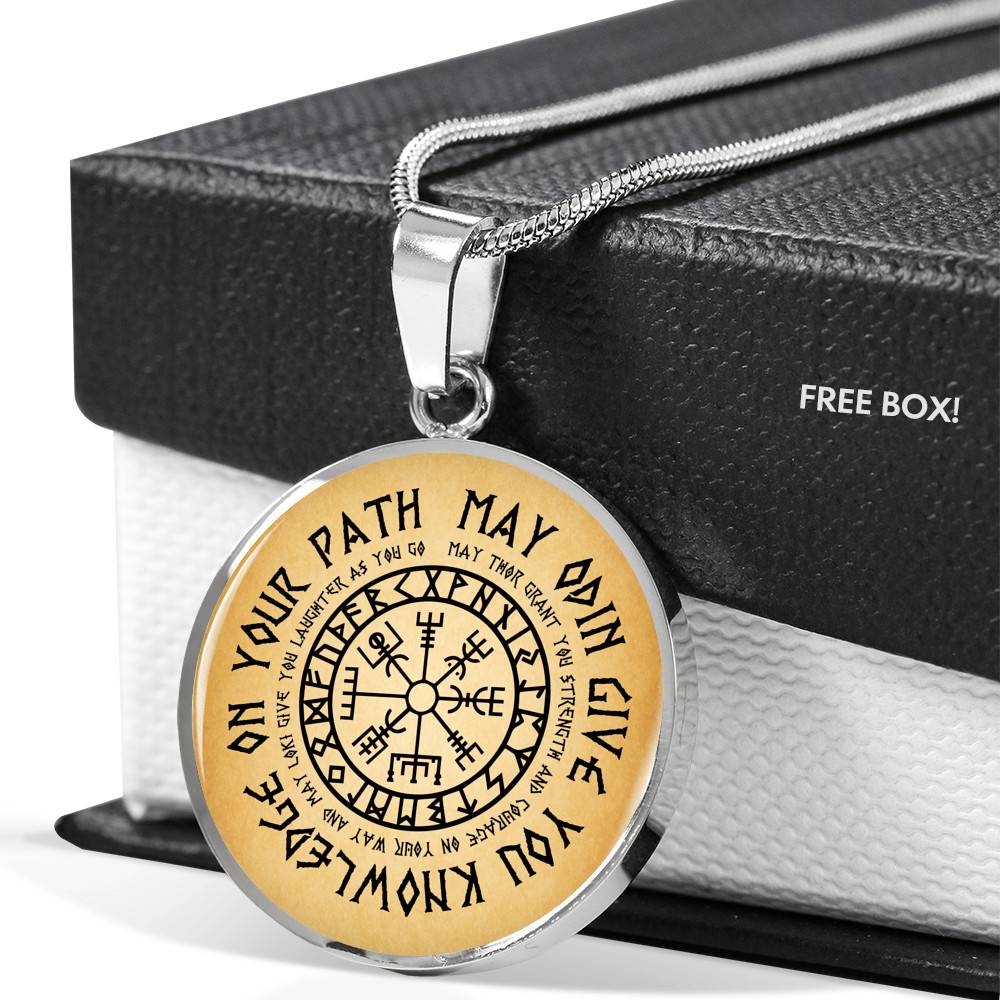 Nordic Vikings May Odin Give You Knowledge On Your Path Circle Pendant Necklace - Norse Mens Necklace Jewelry - Circle Luxury Necklace (Silver)