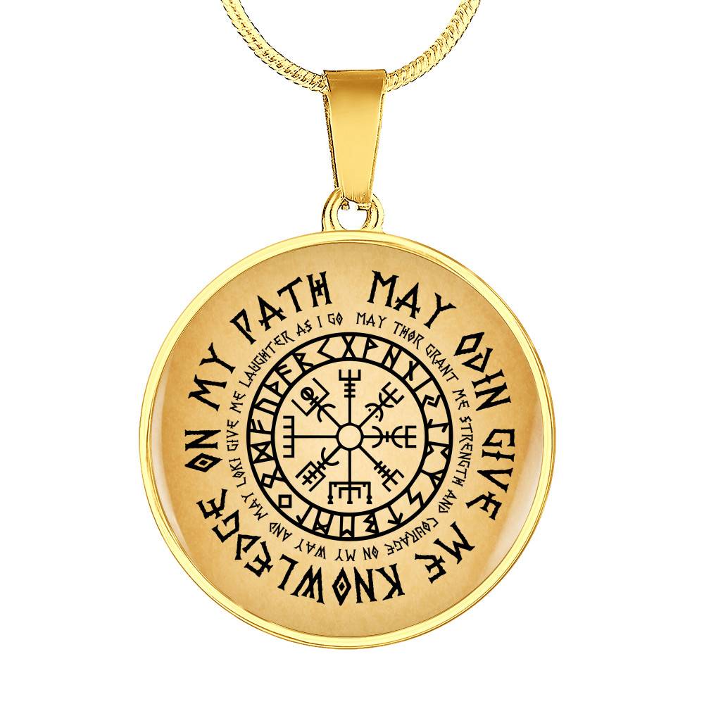 Nordic Vikings May Odin Give Me Knowledge On My Path Circle Pendant Necklace - Norse Mens Necklace Jewelry - Circle Luxury Necklace (Gold Plated)