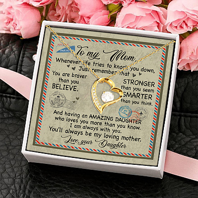 Daughter to My Mom Whenever Life Tries to Knock You Down Just Remember Letter Forever Love Pendant Necklace