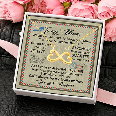 Daughter to My Mom Whenever Life Tries to Knock You Down Just Remember Letter Infinity Heart Pendant Necklace