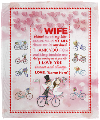 Personalized To My Wife Behind Me On My Bike Fleece Blanket - Couple Bicycle Mink Blanket - Woven Blanket, White, Cozy Plush Fleece Blanket - 50x60