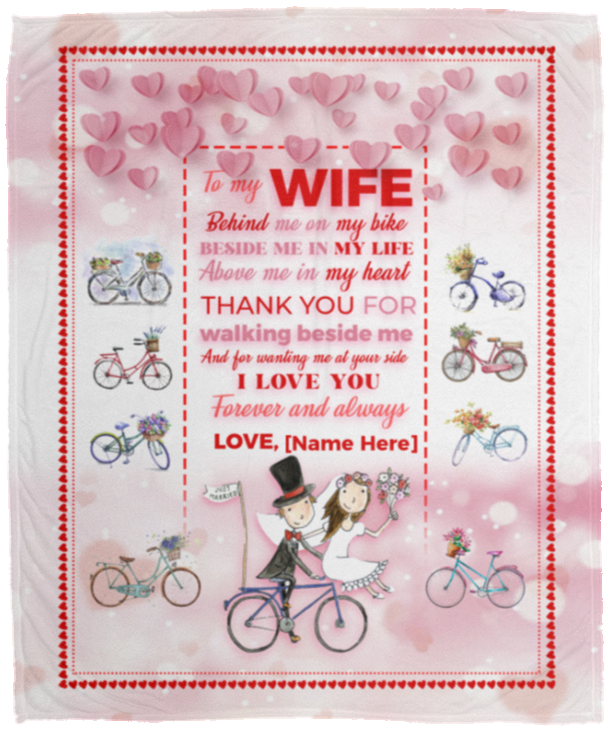 Personalized To My Wife Behind Me On My Bike Fleece Blanket - Couple Bicycle Mink Blanket - Woven Blanket, White, Cozy Plush Fleece Blanket - 50x60