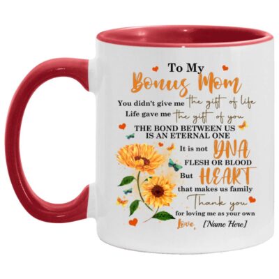 Personalized To My Bonus Mom, White/Red, 11 oz. Accent Mug
