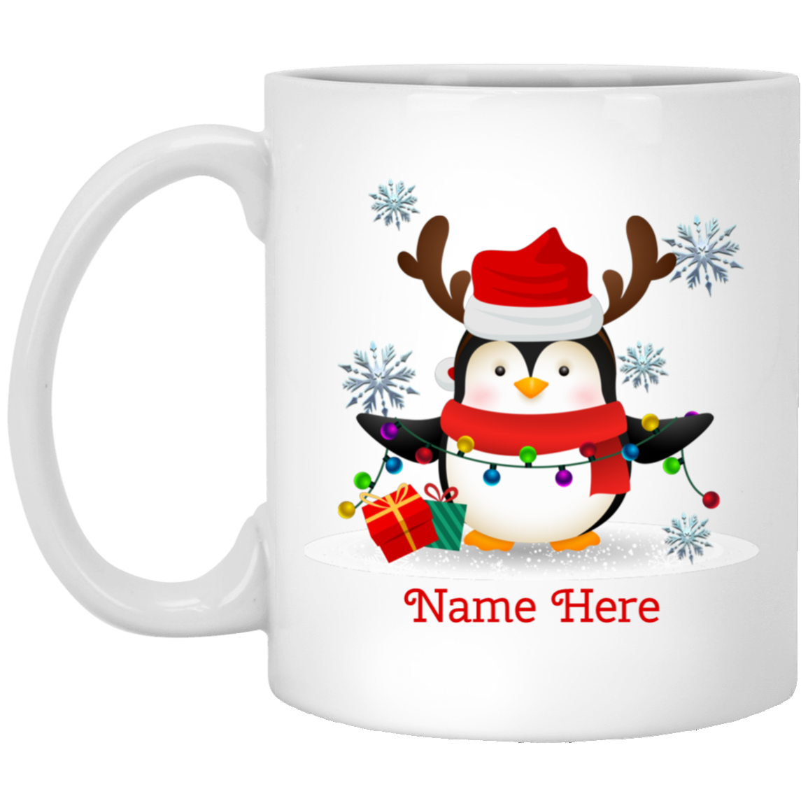 Personalized Penguin Christmas With Name Coffee Mug - Beer Stein - Water Bottle - Color Changing Mug, White, 11 oz. White Mug