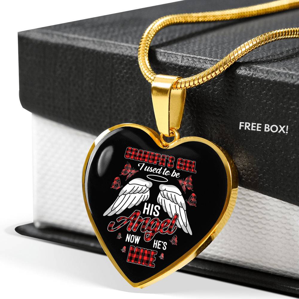 Grandpa's Girl I Used to Be His Angel Now He's Mine Angel Wings Heart Pendant Necklace for Granddaughter - Heart Luxury Necklace (Gold Plated)