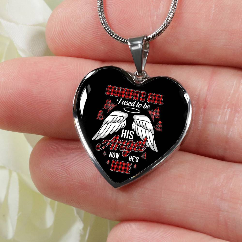 Grandpa's Girl I Used to Be His Angel Now He's Mine Angel Wings Heart Pendant Necklace for Granddaughter - Heart Luxury Necklace (Silver)