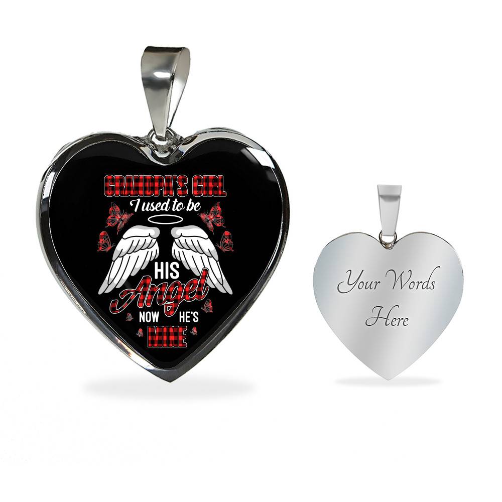 Grandpa's Girl I Used to Be His Angel Now He's Mine Angel Wings Heart Pendant Necklace for Granddaughter - Heart Luxury Necklace (Silver)