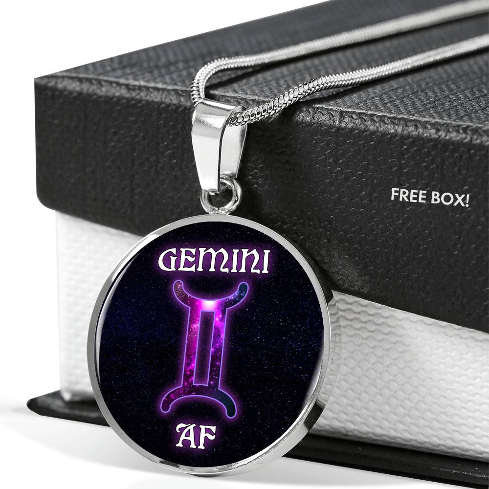Gemini AF Funny Gemini Zodiac Birthday Gifts Galaxy Circle Pendant Necklace - Circle Luxury Necklace (Silver)