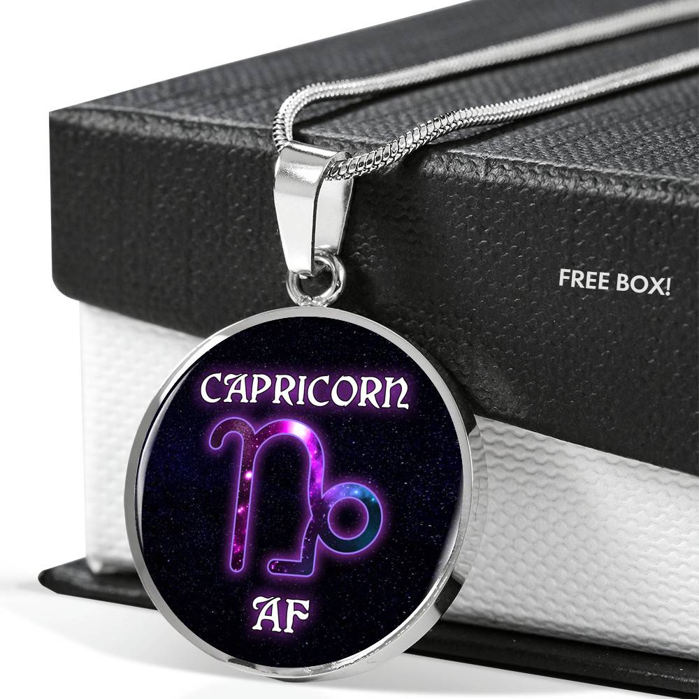 Capricorn AF Funny Capricorn Zodiac Birthday Gifts Galaxy Circle Pendant Necklace - Circle Luxury Necklace (Silver)