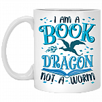 I Am a Book Dragon Not a Worm Book Lover Ceramic Coffee Mug - Beer Stein - Water Bottle - Color Changing Mug, White, 11 oz. White Mug