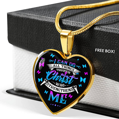 I Can Do All Things Through Christ Who Strengthens Me Philippians 413 Butterfly Heart Pendant Necklace Gifts - Heart Luxury Necklace (Gold Plated)