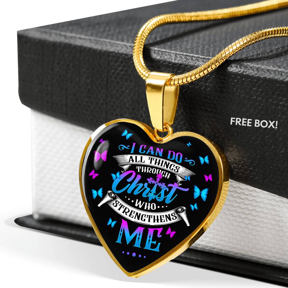 I Can Do All Things Through Christ Who Strengthens Me Philippians 413 Butterfly Heart Pendant Necklace Gifts - Heart Luxury Necklace (Gold Plated)