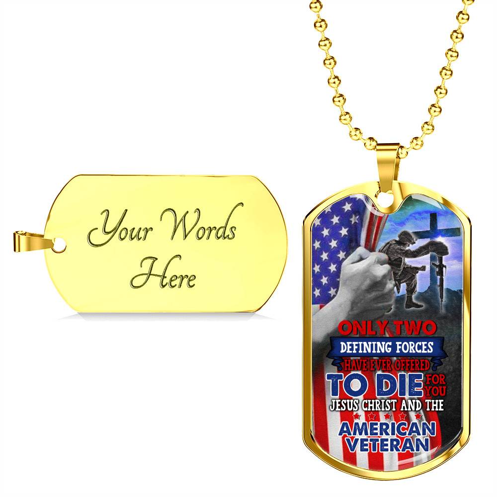 Only Two Defining Forces Have Ever Offered Die For You Jesus Christ American Veteran Dog Tag Pendant Necklace - Dog Tag (Gold Plated)