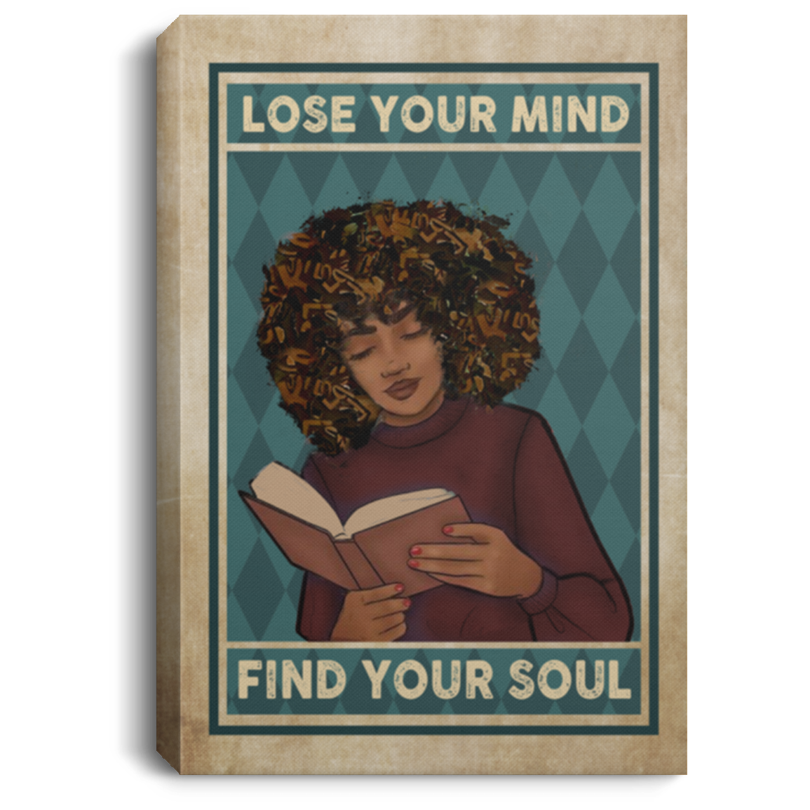 Lose Your Mind Find Your Soul Framed Canvas - Afro Woman Reading Books Unframed Poster, White, 0.75'' Framed Canvas