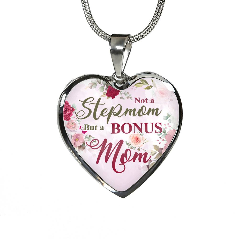 Not A Stepmom But A Bonus Mom Heart Pendant Necklace - Mother's Day Gifts For The Bonus Mom - Heart Luxury Necklace (Silver)