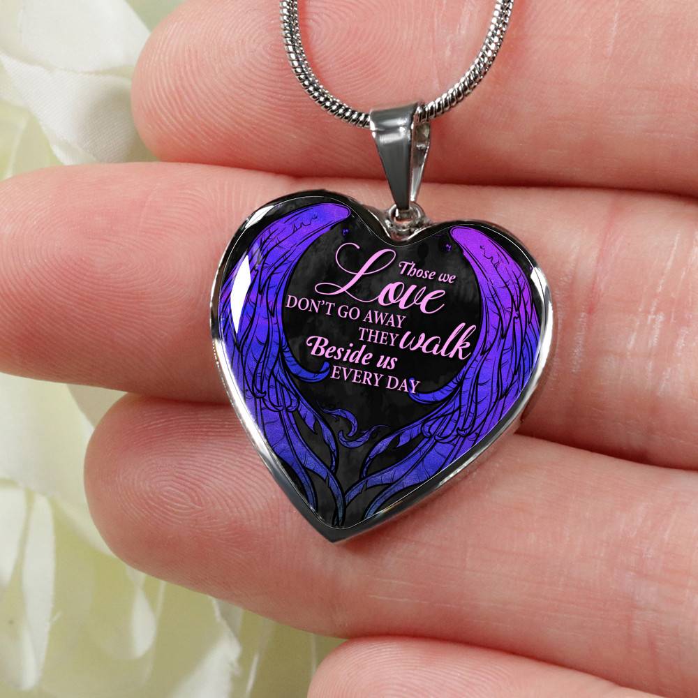 Those We Love Don't Go Away They Walk Beside Us Everyday Wings Memorial Heart Pendant Necklace - Heart Luxury Necklace (Silver)