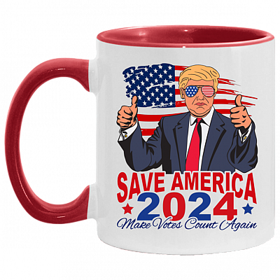 Trump 2024 Save America Make Votes Count Again - Biden Not My President Pro Trump Accent Mug, White/Red, 11 oz. Accent Mug