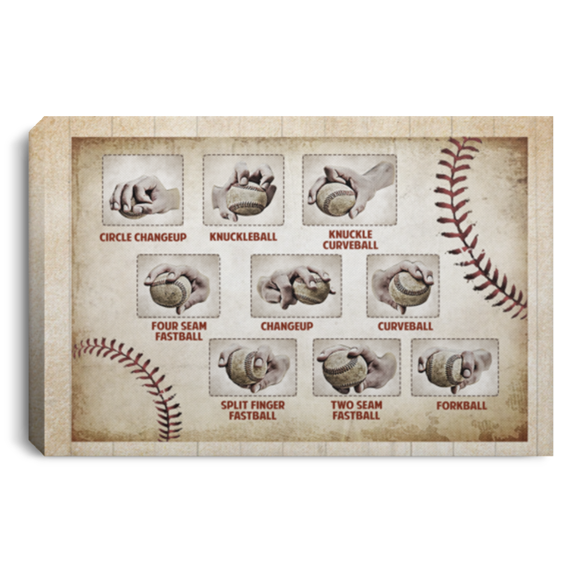 Baseball Pitching Grips Gallery Wrapped Framed Canvas Prints - Unframed Poster - Home Decor Wall Art, White, 0.75'' Framed Canvas