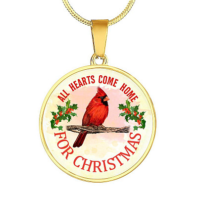 Red Bird All Hearts Come Home for Christmas Circle Pendant Necklace - Circle Luxury Necklace (Gold Plated)