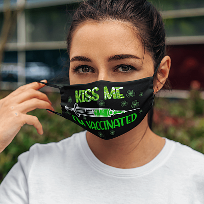 Alternative view of Kiss Me I'm Vaccinated Saint Patrick's Day Clover Shamrock Reusable Custom Printed Cloth Face Mask Cover