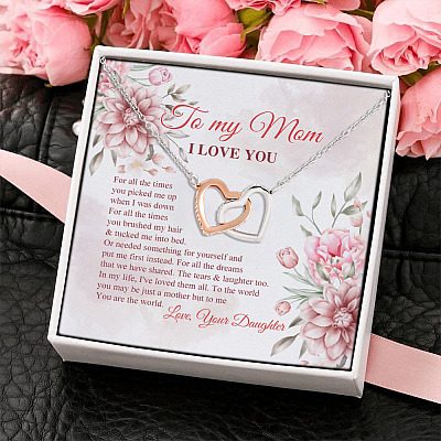 To My Mom I Love You To Me You Are the World Mother Daughter Gift Interlocking Heart Necklace