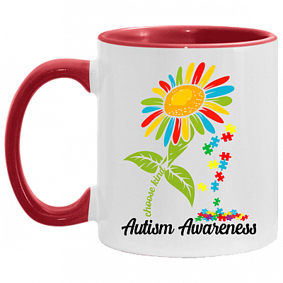 Choose Kind Autism Sunflower Autism Awareness Day 2021 Ceramic Accent Mug - Colored Coffee Mug, White/Red, 11 oz. Accent Mug