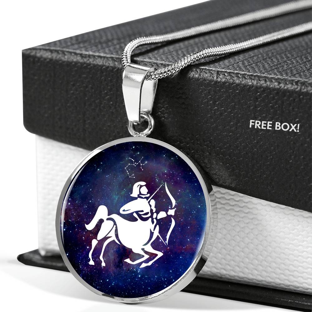 Sagittarius Zodiac Symbol Circle Pendant Necklace - 12 Zodiac Horoscope Jewelry - Circle Luxury Necklace (Silver)