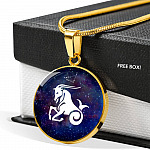 Capricorn Zodiac Symbol Circle Pendant Necklace - 12 Zodiac Horoscope Jewelry - Circle Luxury Necklace (Gold Plated)