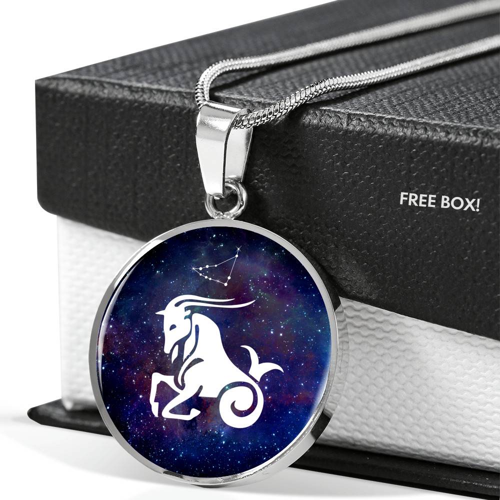 Capricorn Zodiac Symbol Circle Pendant Necklace - 12 Zodiac Horoscope Jewelry - Circle Luxury Necklace (Silver)