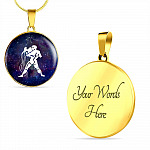 Aquarius Zodiac Symbol Circle Pendant Necklace - 12 Zodiac Horoscope Jewelry - Circle Luxury Necklace (Gold Plated)