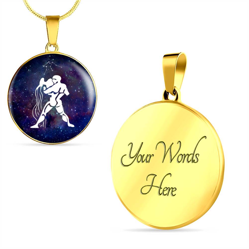 Aquarius Zodiac Symbol Circle Pendant Necklace - 12 Zodiac Horoscope Jewelry - Circle Luxury Necklace (Gold Plated)