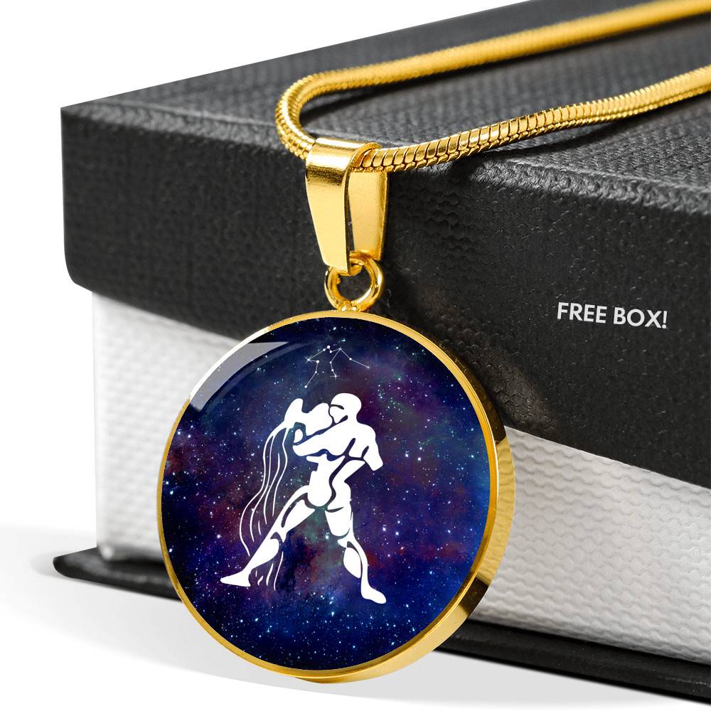 Aquarius Zodiac Symbol Circle Pendant Necklace - 12 Zodiac Horoscope Jewelry - Circle Luxury Necklace (Gold Plated)