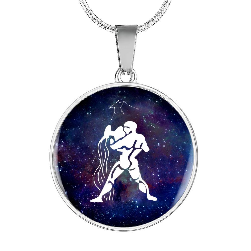 Aquarius Zodiac Symbol Circle Pendant Necklace - 12 Zodiac Horoscope Jewelry - Circle Luxury Necklace (Silver)