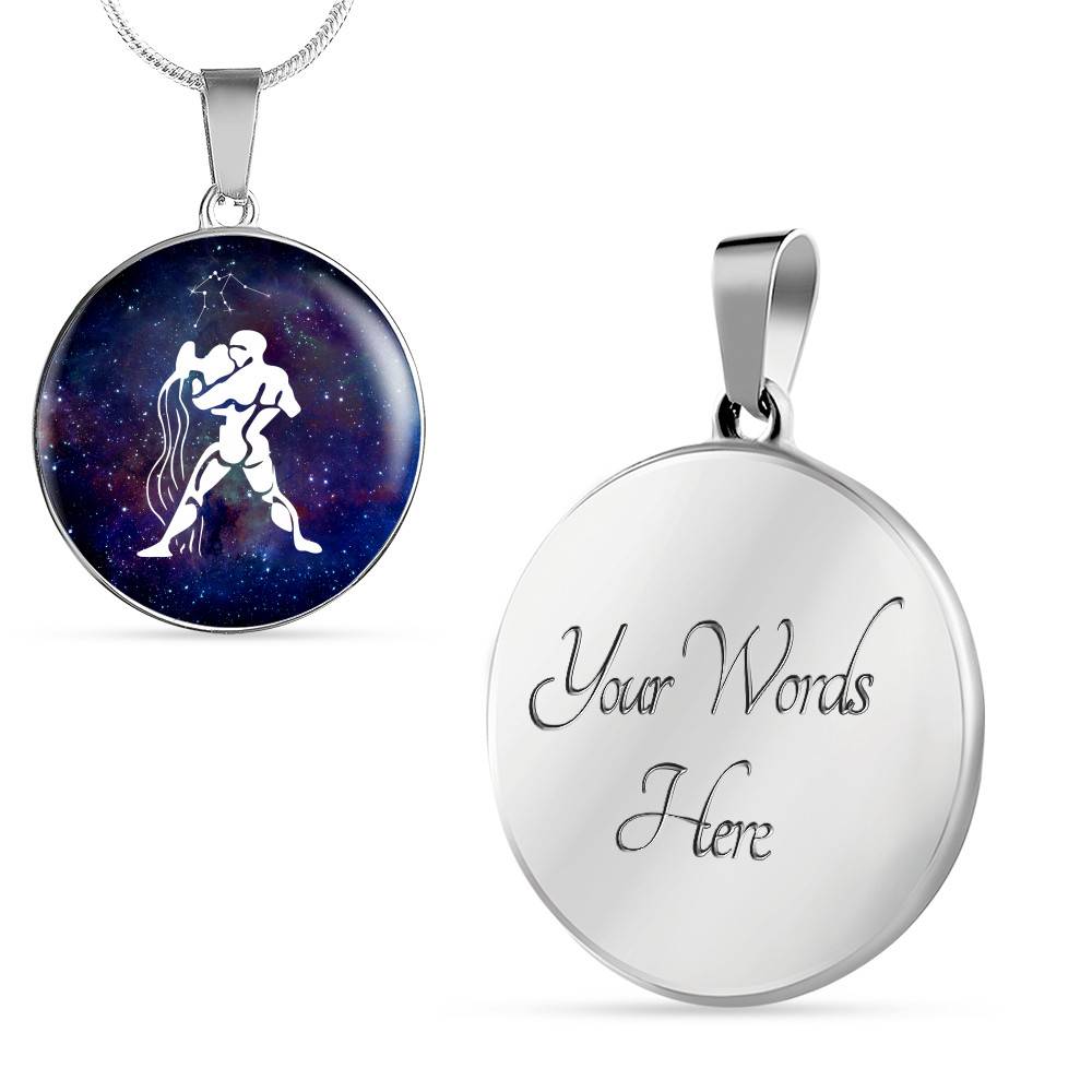 Aquarius Zodiac Symbol Circle Pendant Necklace - 12 Zodiac Horoscope Jewelry - Circle Luxury Necklace (Silver)
