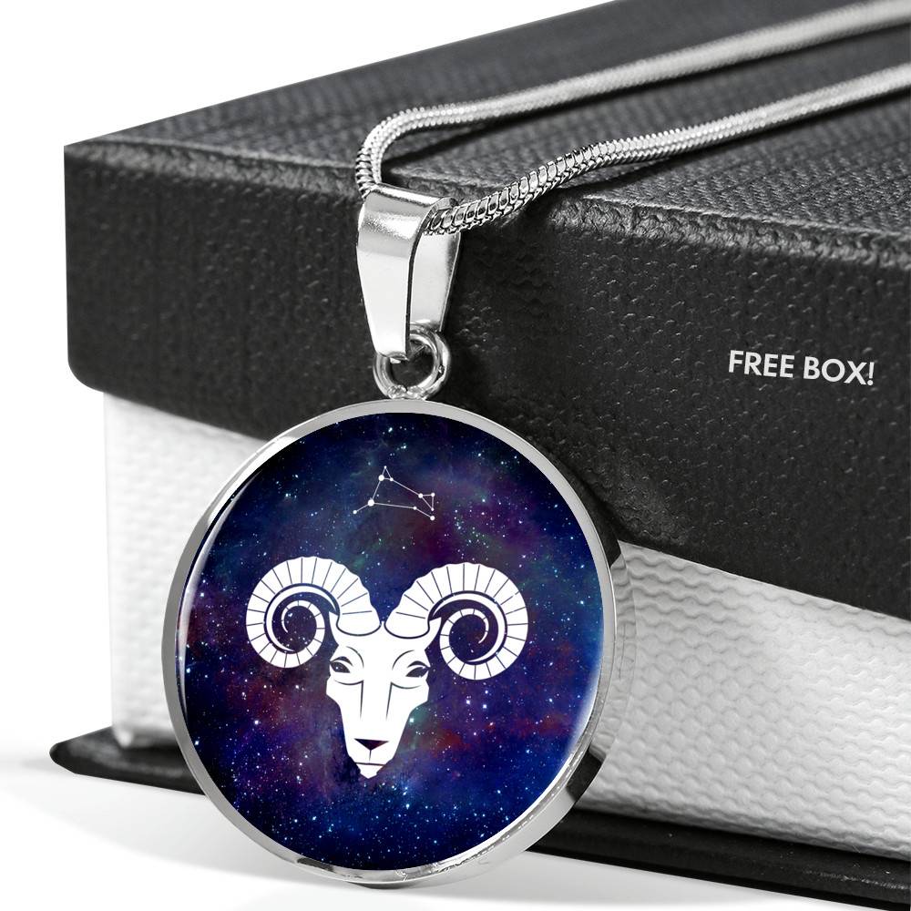 Aries Zodiac Symbol Circle Pendant Necklace - 12 Zodiac Horoscope Jewelry - Circle Luxury Necklace (Silver)