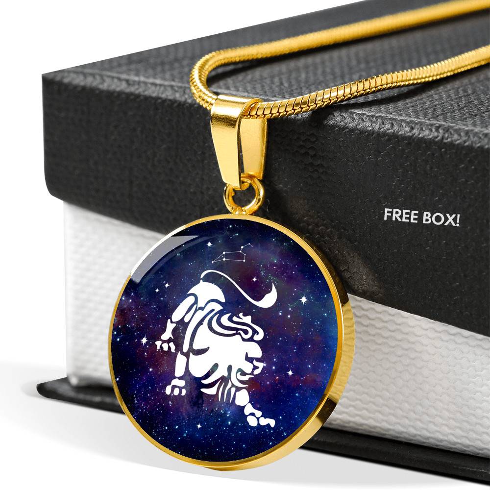 Leo Zodiac Symbol Circle Pendant Necklace - 12 Zodiac Horoscope Jewelry - Circle Luxury Necklace (Gold Plated)