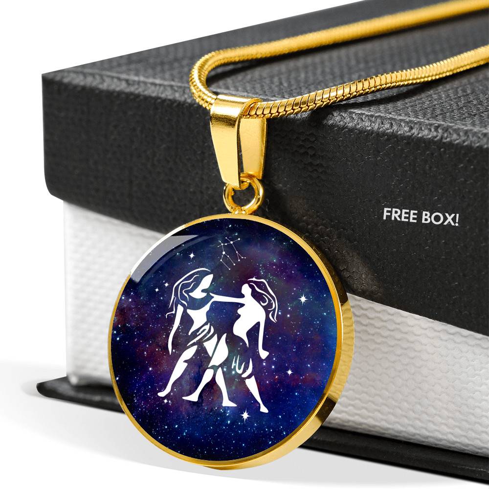 Gemini Zodiac Symbol Circle Pendant Necklace - 12 Zodiac Horoscope Jewelry - Circle Luxury Necklace (Gold Plated)