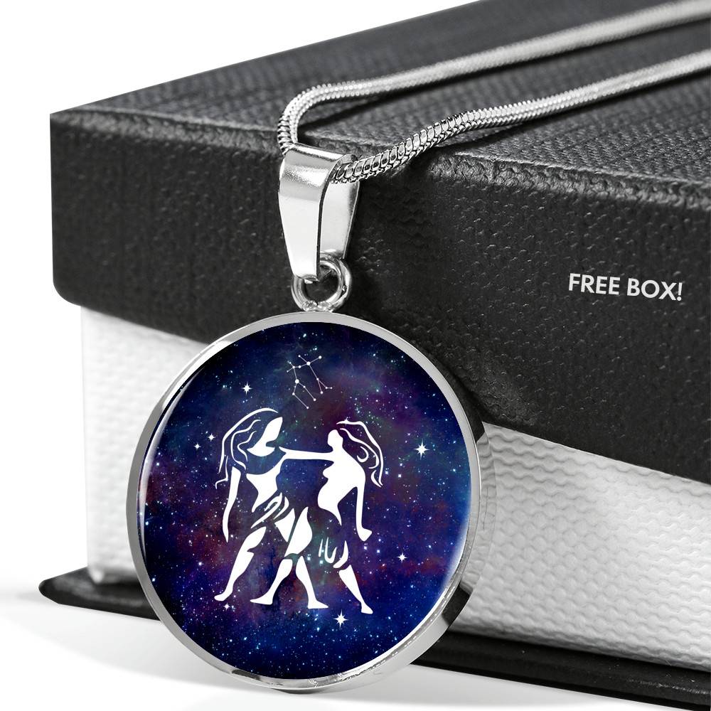 Gemini Zodiac Symbol Circle Pendant Necklace - 12 Zodiac Horoscope Jewelry - Circle Luxury Necklace (Silver)