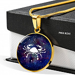 Cancer Zodiac Symbol Circle Pendant Necklace - 12 Zodiac Horoscope Jewelry - Circle Luxury Necklace (Gold Plated)