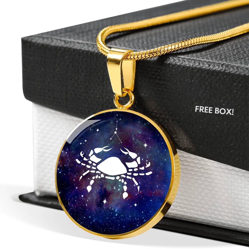 Cancer Zodiac Symbol Circle Pendant Necklace - 12 Zodiac Horoscope Jewelry - Circle Luxury Necklace (Gold Plated)