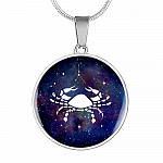 Cancer Zodiac Symbol Circle Pendant Necklace - 12 Zodiac Horoscope Jewelry - Circle Luxury Necklace (Silver)