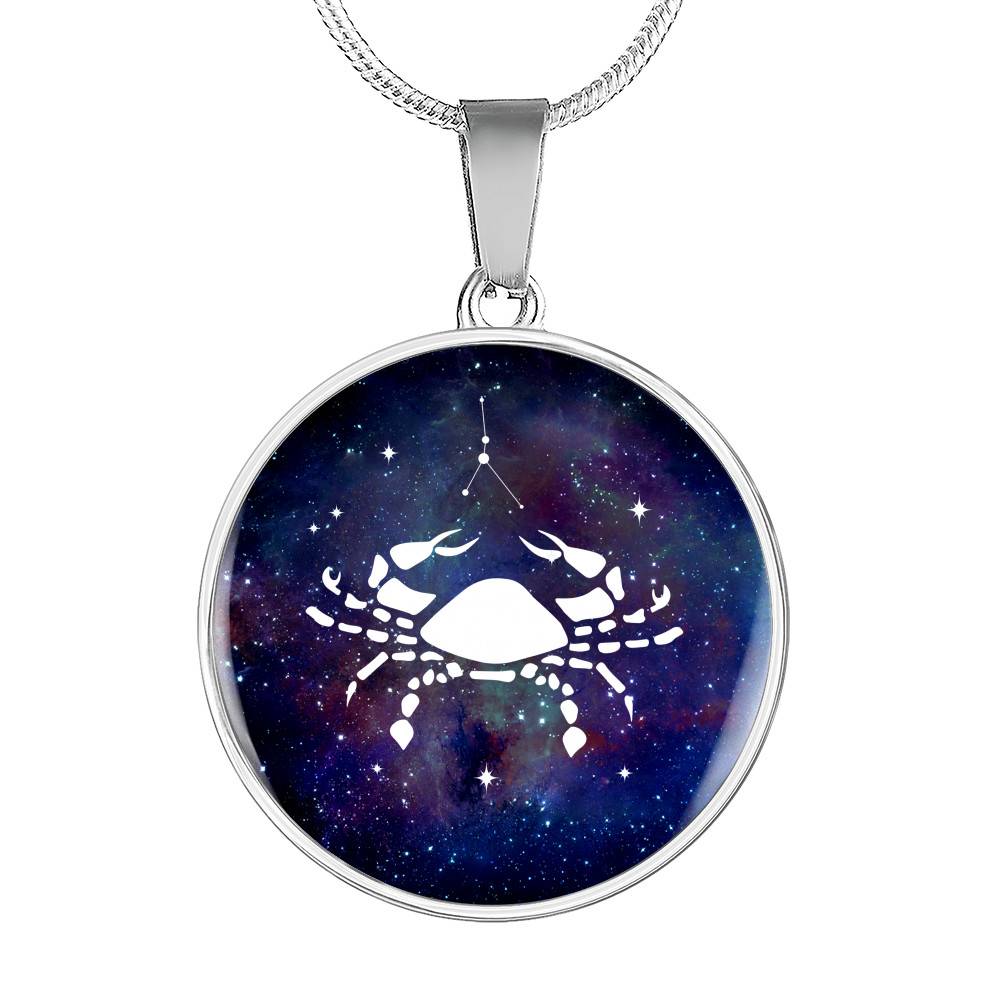 Cancer Zodiac Symbol Circle Pendant Necklace - 12 Zodiac Horoscope Jewelry - Circle Luxury Necklace (Silver)
