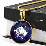 Taurus Zodiac Symbol Circle Pendant Necklace - 12 Zodiac Horoscope Jewelry - Circle Luxury Necklace (Gold Plated)