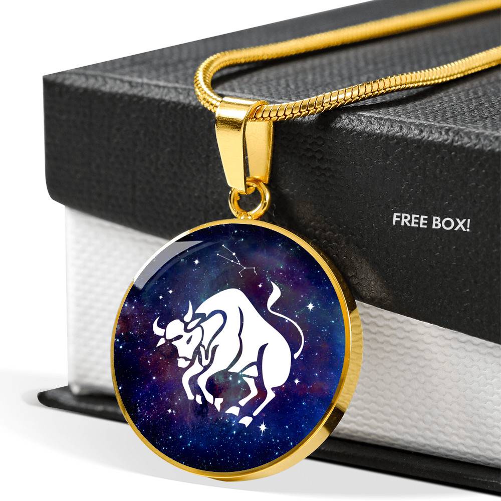 Taurus Zodiac Symbol Circle Pendant Necklace - 12 Zodiac Horoscope Jewelry - Circle Luxury Necklace (Gold Plated)