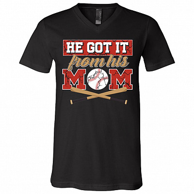 He Got It From His Mom, Black, V-Neck T-Shirt