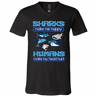 Sharks Make Me Happy, Black, V-Neck T-Shirt