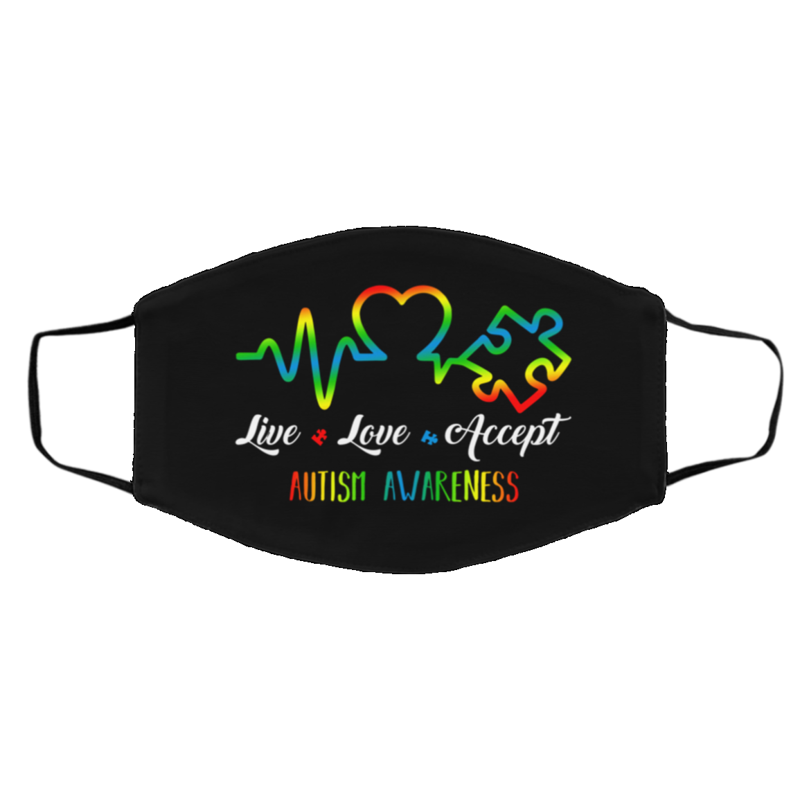Heartbeat Puzzle Live Love Accept Autism Awareness Washable Reusable Custom Printed Cloth Face Mask Cover, White, Cloth Face Cover – Medium/Large