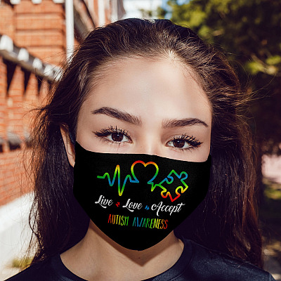 Alternative view of Heartbeat Puzzle Live Love Accept Autism Awareness Washable Reusable Custom Printed Cloth Face Mask Cover
